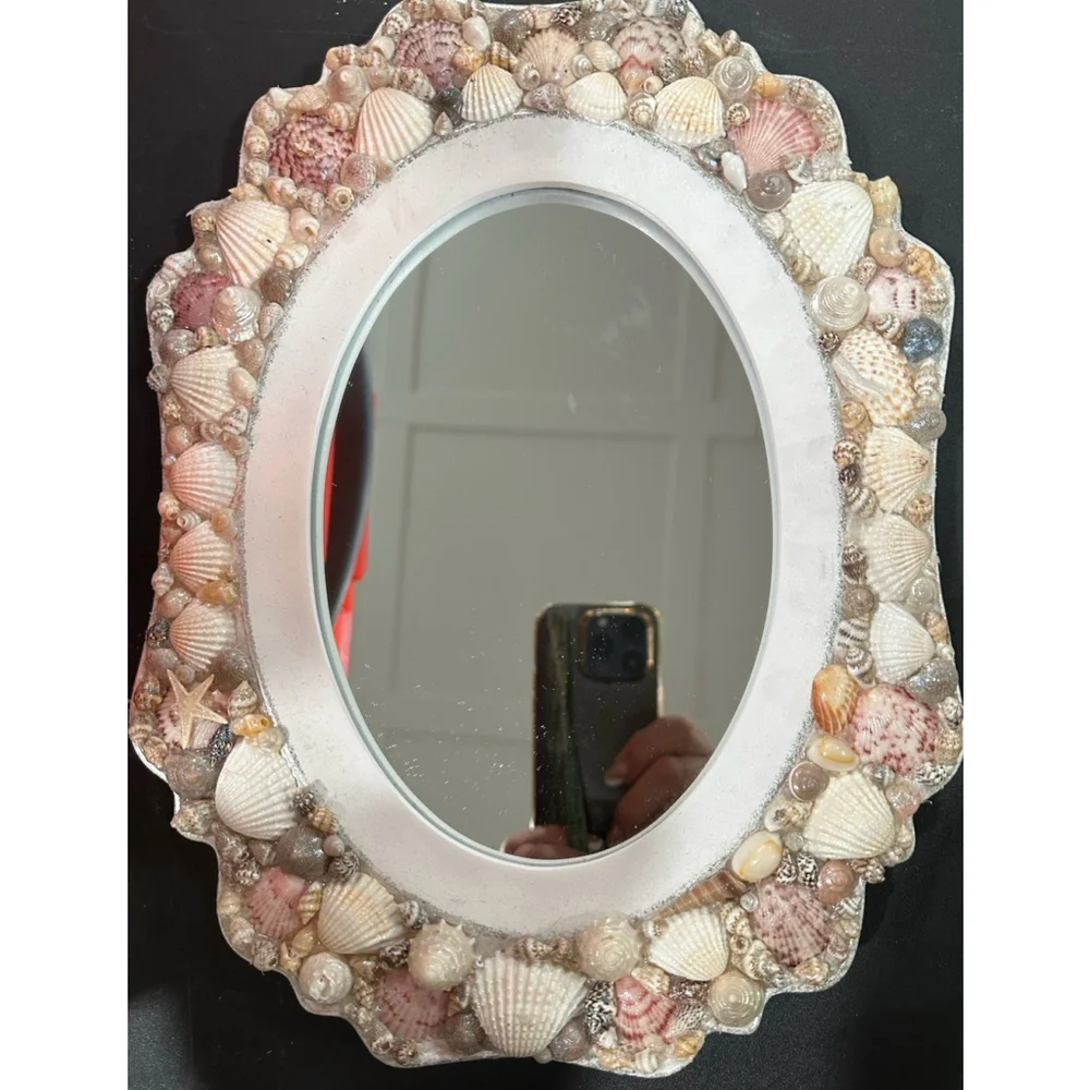 Vtg Mirror Art Ornate Seashell Adorned White Pink Vanity Easel Standing Wall 12”
